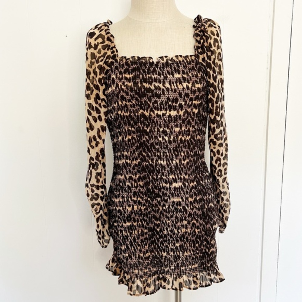 ASOS Women's Leopard Bodycon Smocked‎ Mini Party Dress Size 8